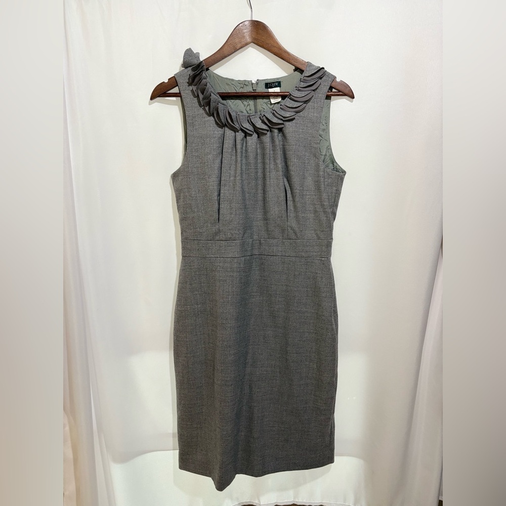 J Crew Wool Blend Sheath Dress Size 8 Gray Ruffle Neck Work Office